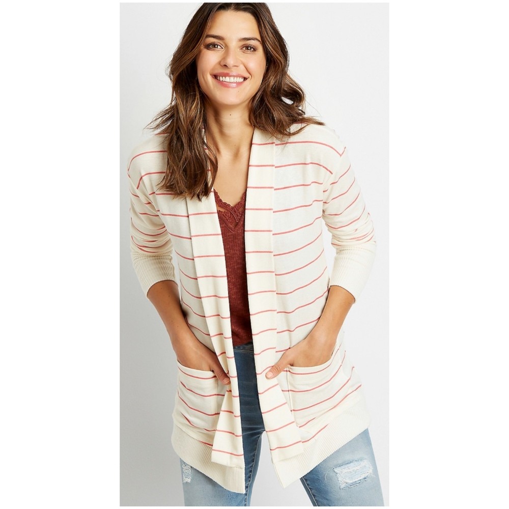 MAURICES Coral Stripe Open Front Pocket Cozy Cardigan